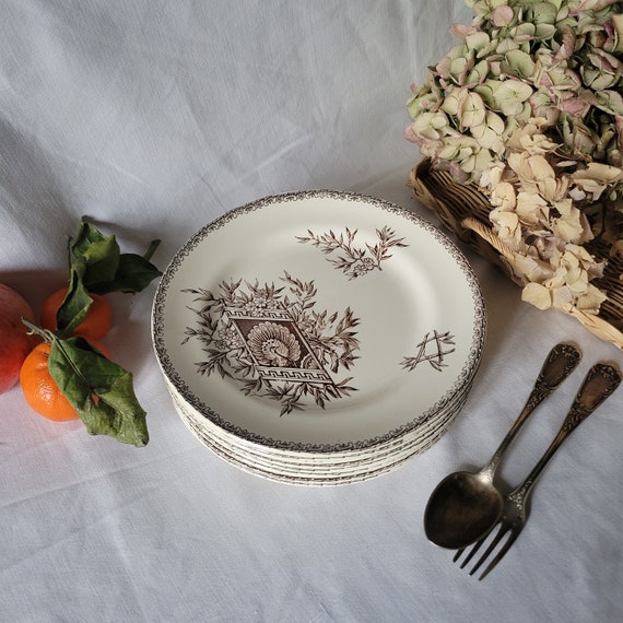 Antique French Transferware Plates, Peacock Floral Design, Set of