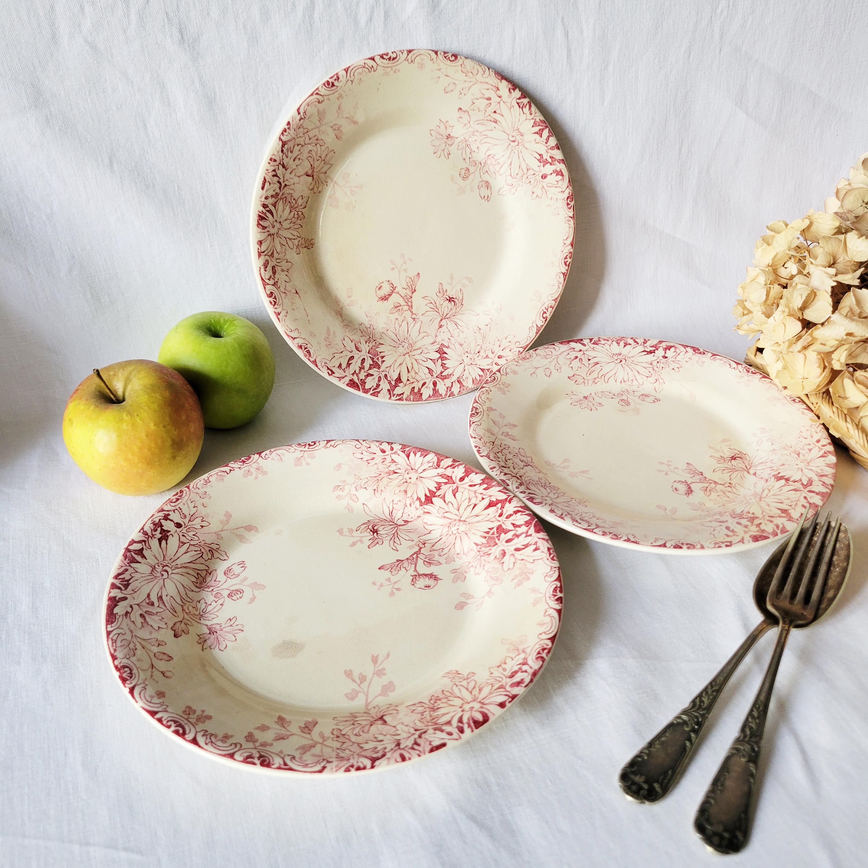 Set 3 French antique dessert plates, red transferware w floral design, earthenware, faience de Gien France c1880-1900 Aesthetic Movement