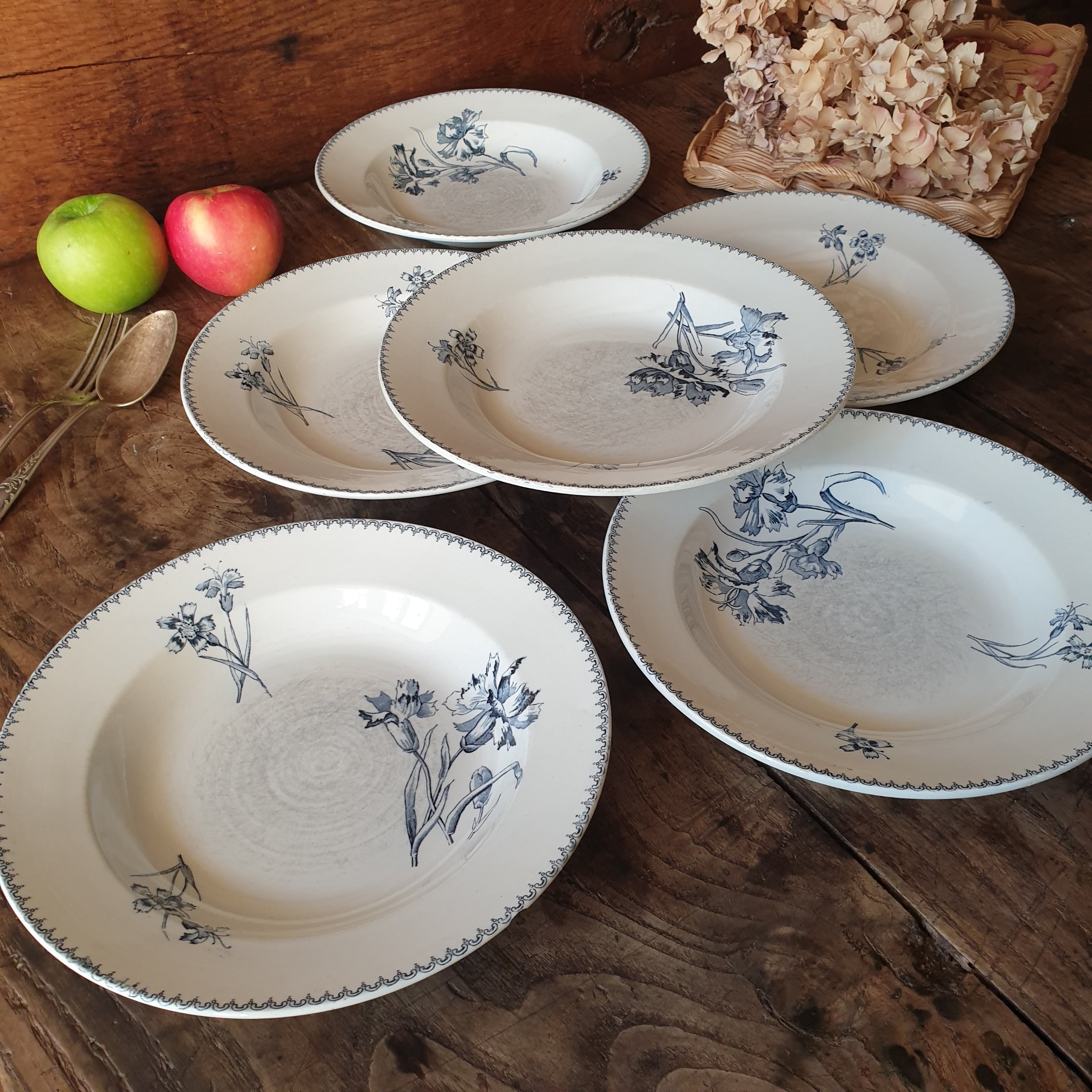 Set of 6 Antique French Soup Plates, Blue Transferware Carnation 