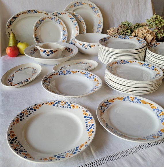 43 Pc French Vintage Art Deco Blue & Mustard Yellow Stencil