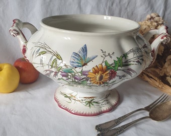 Shabby butterfly floral antique ironstone tureen, U&C Sarreguemines 'Papillon' hand colored polychrome transferware c1875 Aesthetic Movement