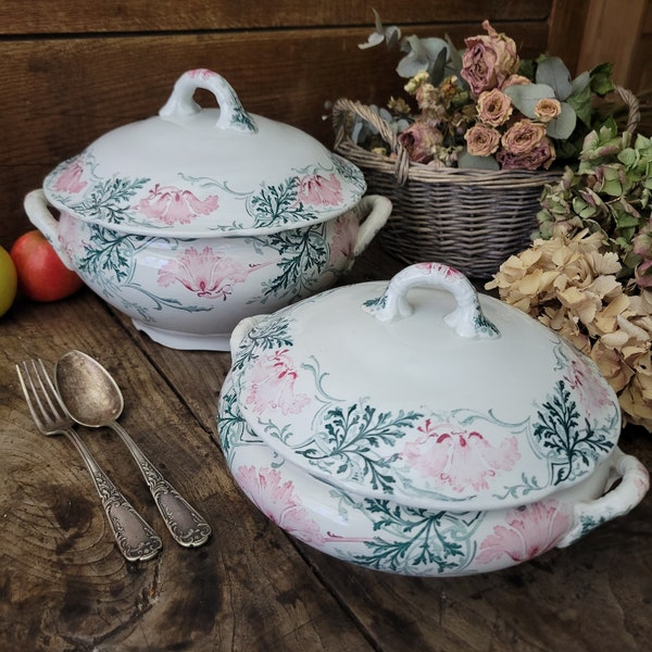 PAIR shabby French antique soup tureens, Art Nouveau red & green transferware by Luneville, France 'Roland' pattern w trumpet flowers