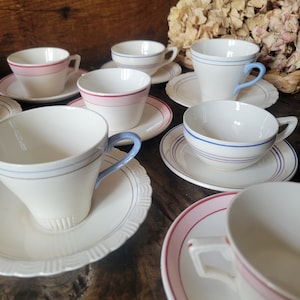 Mismatched SET of 10 cups and saucers antique / vintage French china in classic striped pastel deco, Digoin Sarreguemines, pink, blue, grey