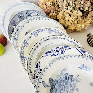 SET of 8 shabby mismatched French antique ironstone wall plates, blue florals transferware cottage style, Gien, Sarreguemines, Onnaing c1900