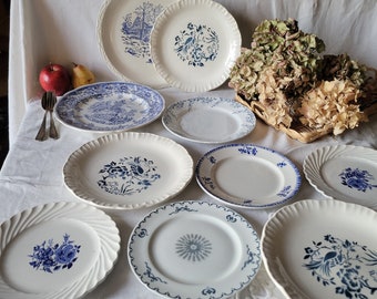 Ensemble de 10 assiettes plates en pierre de fer vintage françaises dépareillées, minables, bleu et blanc, style cottage de ferme, Sarreguemines, Lunéville, France