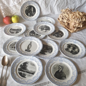 Set 12 Lourdes French antique plates c1895-1905, Christian religious theme w Virgin Mary, blue transferware, Digoin Sarreguemines, France