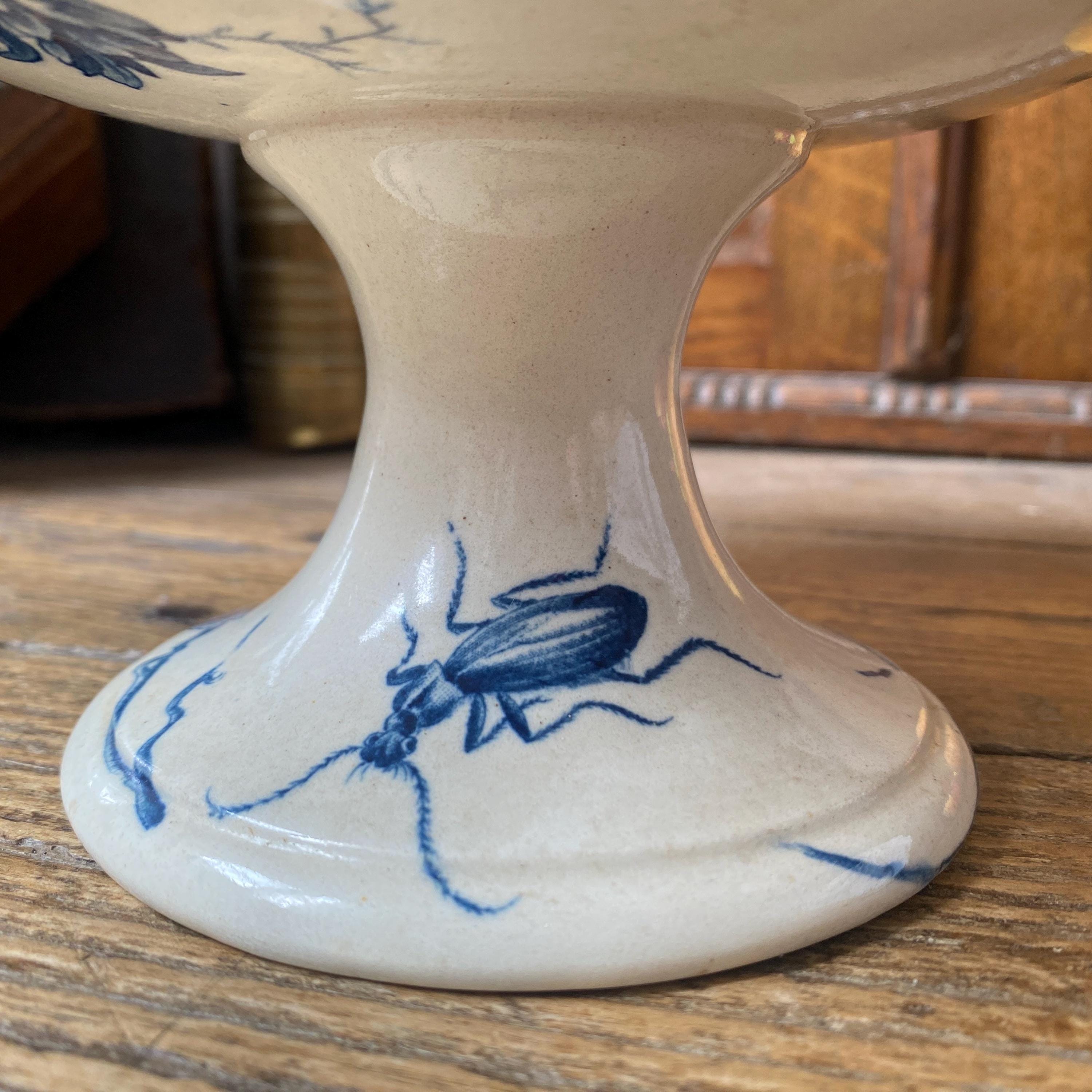 Antique Gien France Cake Stand, Blue White Transferware, Floral