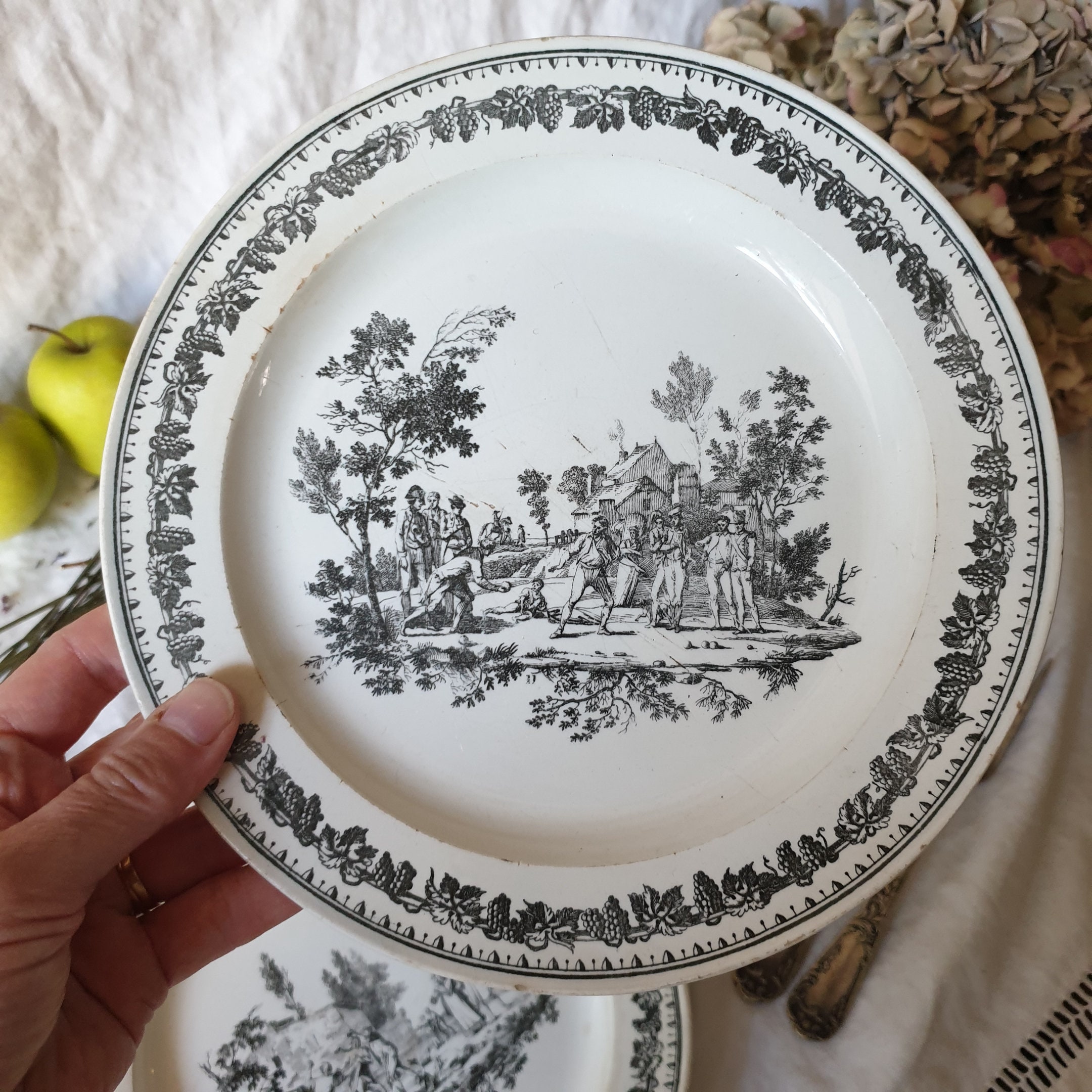 French Antique Fine Faience Plates C1820 Black & White French Antique Fine Faience Plates C1820 Black & White