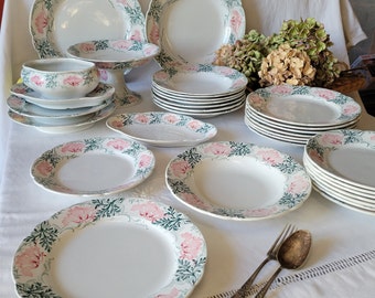 Antique French 8 Place Art Nouveau Dinnerware Set, KG Luneville Floral Transferware, 31pc