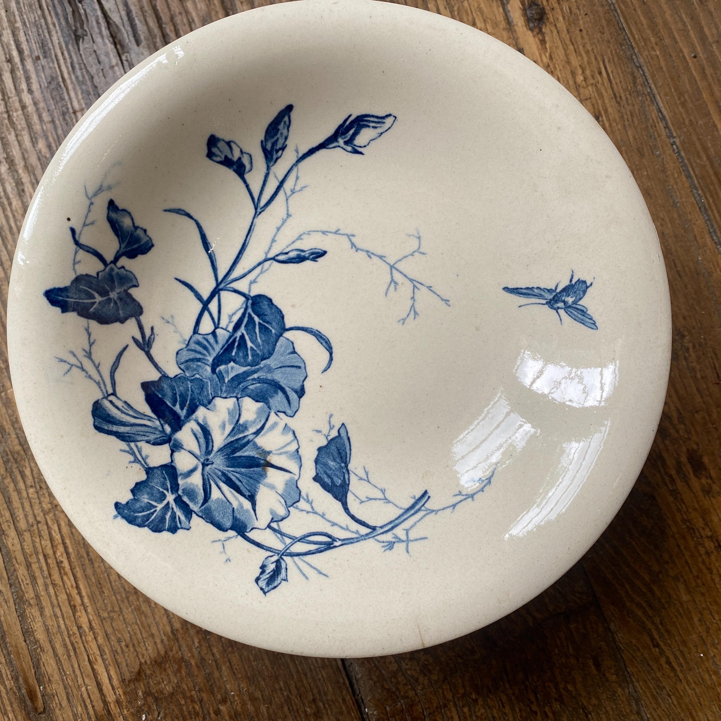 Antique Gien France Cake Stand, Blue White Transferware, Floral