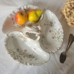 Antique Haviland Limoges floral trefoil divided dish / large serving tray, hand painted flowers on white porcelain & gilt edge, 19thC France
