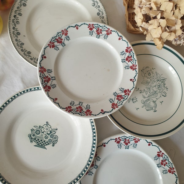 SET of 6 mismatched green transferware w red accents ironstone small dinner plates, French vintage, Moulin des loups, St Amand, France