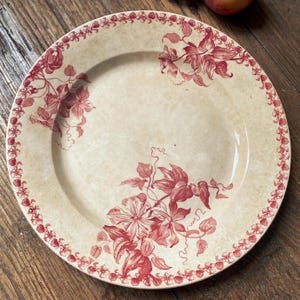French antique round platter / large plate red transferware w flowers St Amand, c1890 Aesthetic Movement France