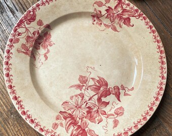 French Antique Red Transferware Plate, St Amand Floral Platter, c1890