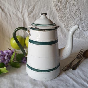 French green and white enamel vintage coffee pot, forest green strip border, c1930 farmhouse vintage, French country, cottage kitchen