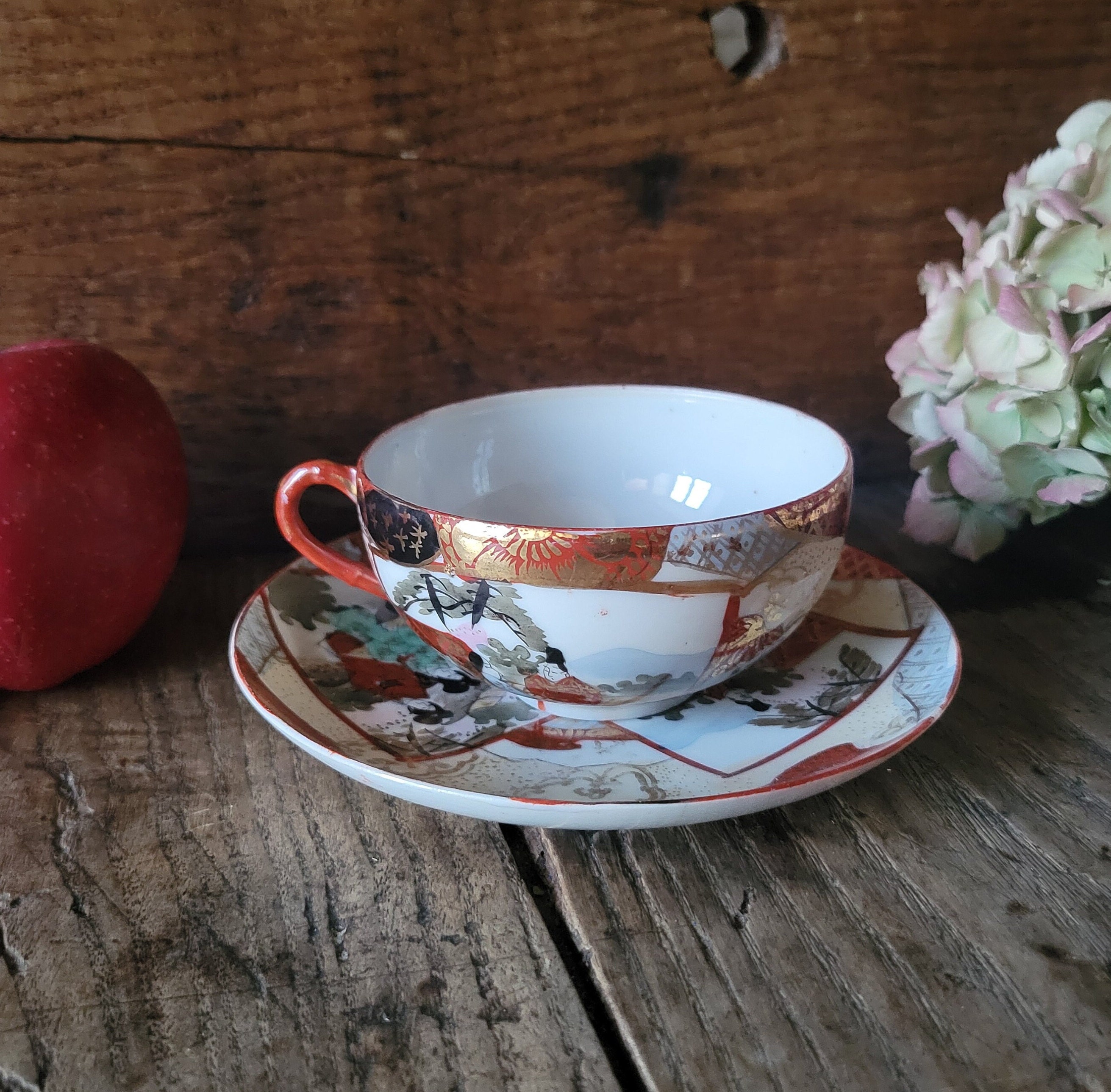 Antique Japanese Kutani Eggshell Porcelain Teacup and Saucer Antique Japanese Kutani Eggshell Porcelain Teacup and Saucer