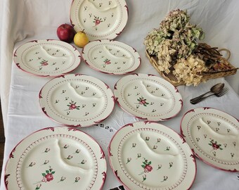 SET 8 French antique asparagus / artichoke plates, hand painted floral design, pink-red & green earthenware ironstone Longchamp France c1910