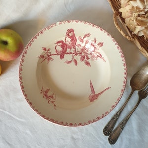 French antique soup plate red/white transferware w birds and blossom Sarreguemines, France 'Favori' pattern c1890 Aesthetic Movement faience