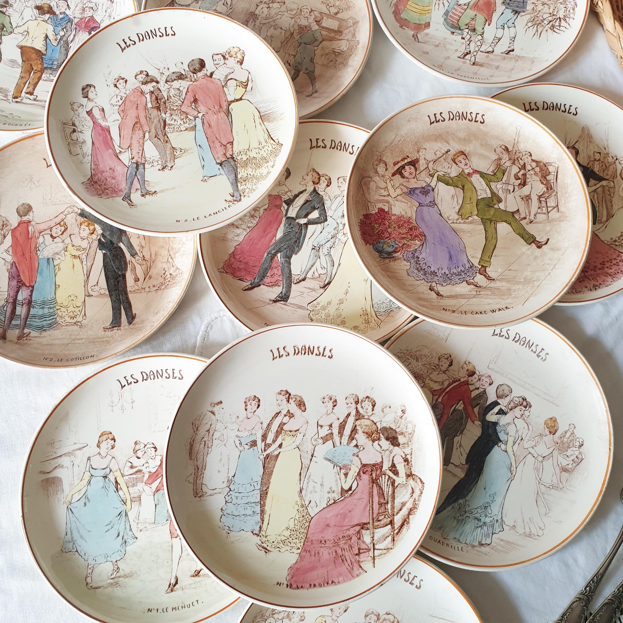Antique French Dance Plates: Creil Montereau 'les Danses' Set
