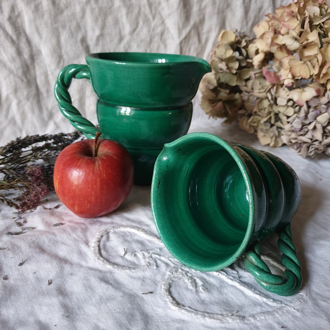 PAIR Jade Green French Majolica Vases / Jugs W Rope Twist Sculpted