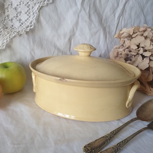 French antique terrine yellow 19thC small oval lidded cooking pot, fois gras dish, molded handles Sarreguemines France, shabby rustic decor