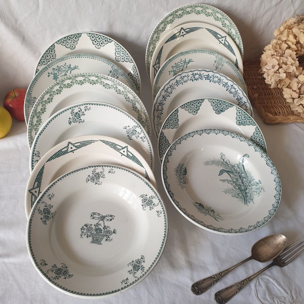 Set 12 mismatched antique faience soup bowls, green on white transferware, floral and geometric by St Amand, Castres, Boch 1880-1920