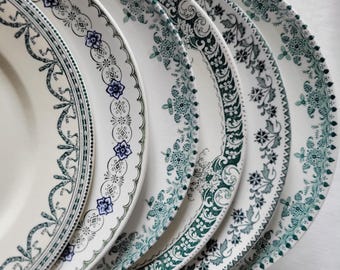 Set 6 mismatched antique dinner plates green palette, farmhouse cottage decor France, from Salins, Sarreguemines c1900