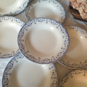 Set of 8 French antique soup plates, Parisien &#39;Empire&#39; style, blue transferware earthenware c1900 &#39;Valliere&#39; Creil et Montereau, France