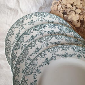 Set of 4 dinner plates, French antique, green transferware w floral border excellent condition &#39;Versailles&#39; from St Amand, France c1908-1920