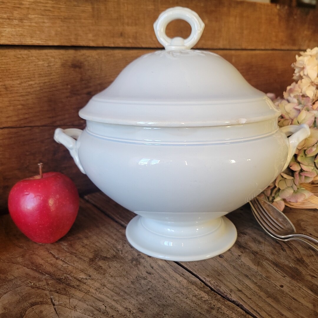 Antique French White Ironstone Soup Tureen: Creil Et Montereau