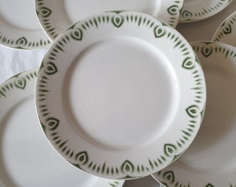 SET 4 French antique ironstone dessert / side plates w gentle patina, stencil paint Art Nouveau motif green white, Creil et Montereau c1910
