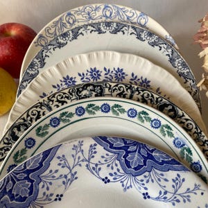 Op de afbeelding: Een stapel antieke witte keramische borden met blauwe bloemen- en krulwerkontwerpen. De borden hebben verschillende patronen en maten, sommige met geschulpte randen. Een rode appel en een gele citroen zijn zichtbaar.