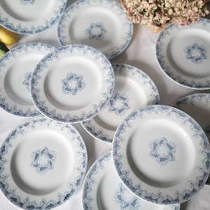 Puede incluir: Un juego de platos de cena de cerámica blanca con un patrón floral azul y blanco. Los platos están apilados y dispuestos en un patrón circular.