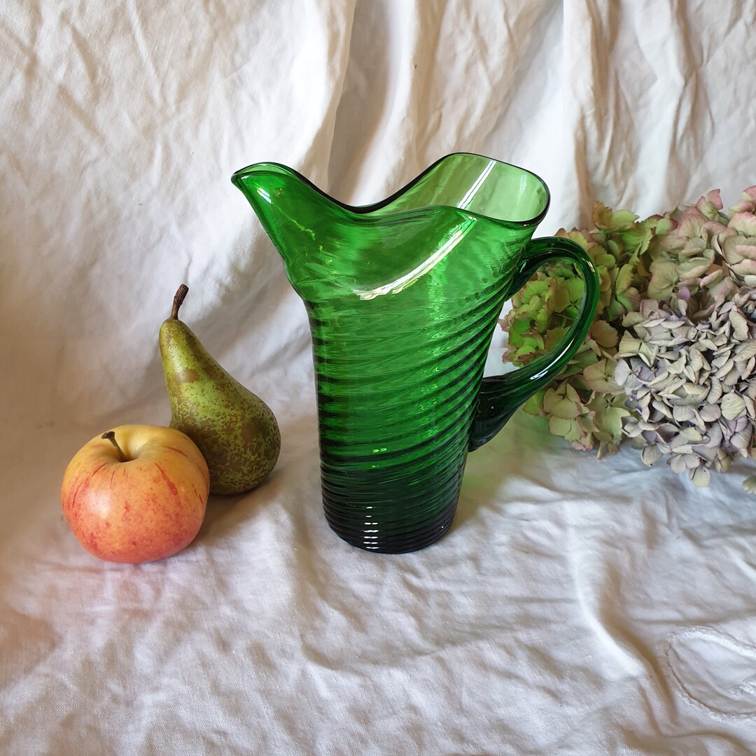 French Green Ribbed Glass Water Pitcher Norman Glass Hand Etsy