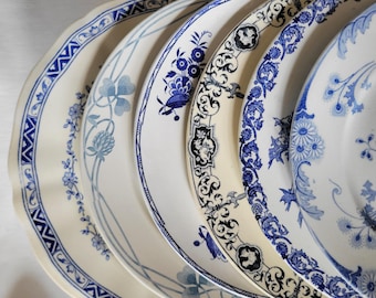 SET 6 mismatched antique French ironstone dinner plates, blue transferware Sarreguemines, Leon Graves, Luneville, Gien, 1880-1900