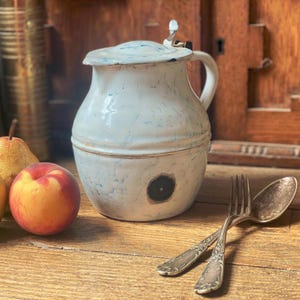 Chippy French enamel lidded water / milk jug, blue and white glaze, vintage c1920 farmhouse vintage, French country, cottage kitchen decor
