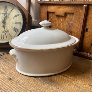Large antique French terrine, oval white lidded cooking pot, molded shell handles, porcelain France, shabby rustic decor, light patina