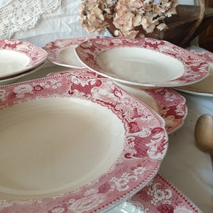 Set of 10 large Antique red transferware formal soup plates ‘Victoria’ by Société Céramique’ Maestricht Holland c1920, floral & bird design