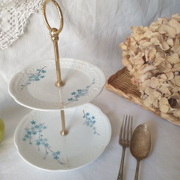 Vintage Limoges / Berry Porcelaine 3 tier cake stand blue floral on white porcelain w trellis border, brass trim, excellent condition