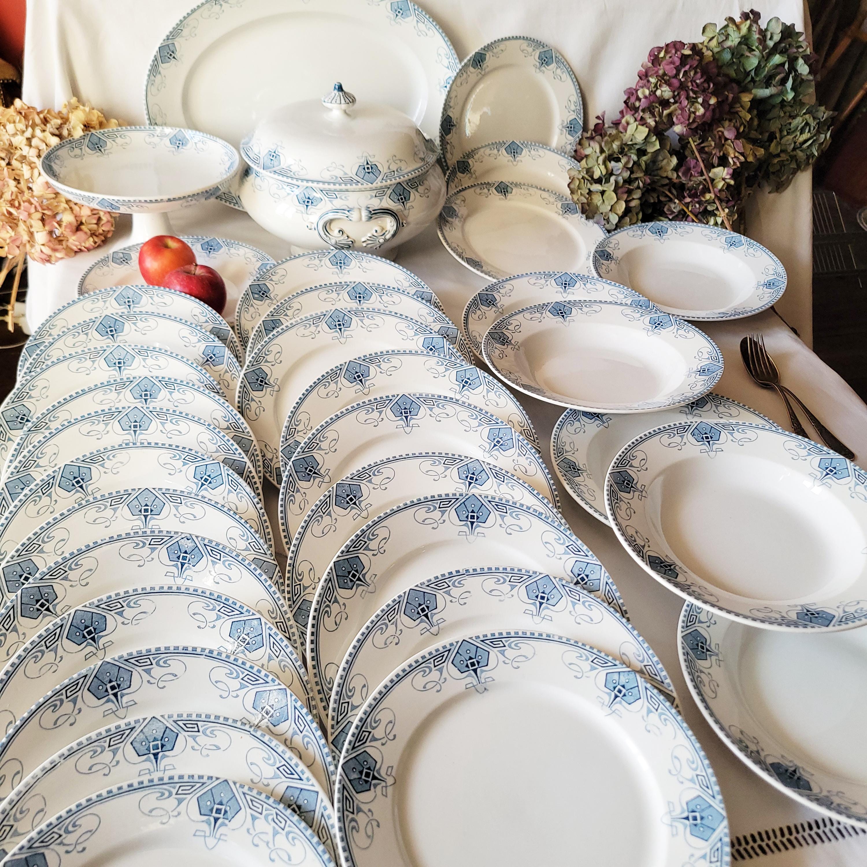 Antique Sarreguemines 'germaine' Dinner Service, Art Nouveau Blue