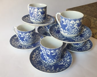 Set of 6 Japanese Phoenix with geisha blue and white porcelain demitasse cup & saucer boxed set c1950, translucent bone china, Flying Turkey