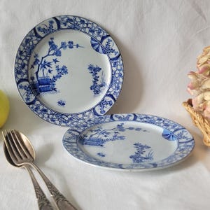 May include: Two blue and white porcelain plates with a floral and lattice design. The plates are round and have a raised rim.