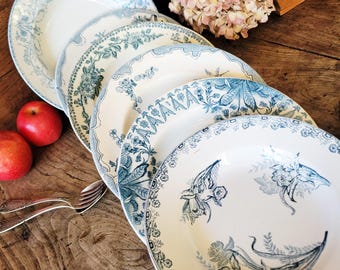 May include: A selection of antique white ceramic plates featuring blue floral patterns. The plates display diverse designs, including detailed botanical motifs and scalloped edges. Two red apples and a silver fork are also present.