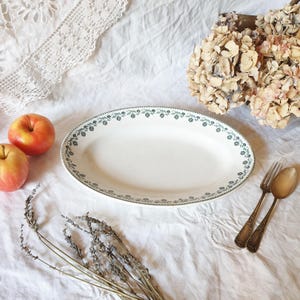 Green/white transferware French antique oval platter from Moulin Des Loups, France c 1890  florals Victorian ironstone platter