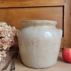 Large Antique French Confit Pot - Glazed attached-handled vintage stoneware, greige, early 1900s