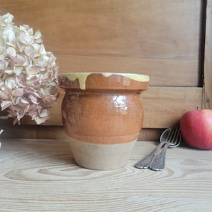 Antique Small Stoneware Confit Pot, Yellow Interior Drip Glaze, Artisanal, Provence, France c.1920