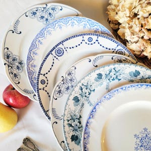 SET 6 mismatched French antique ironstone dinner plates, blue & white transferware cottage style, Onnaing, Boch, Vieillard France c1890-1920