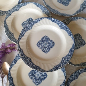 SET of 6 large antique plates French petrol blue transfer printed w floral armorial pattern, flowers, scrolls, Neoclassical, Gien France
