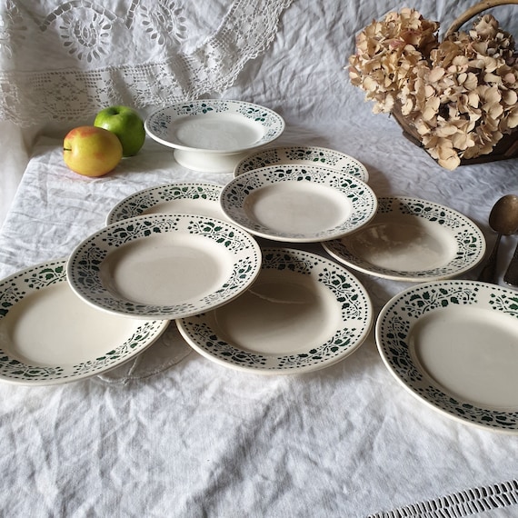SET 8 Side Plates Matching Cake Stand Choisy Le Roi France French Vintage Art Deco Leaf Pattern Green Stencil Ironstone Dessert Plates Etsy