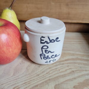 Small Vintage Terracotta Herb Pot with Lid, After Fauchon 'Herbes de Poisson 25g', France c.1980